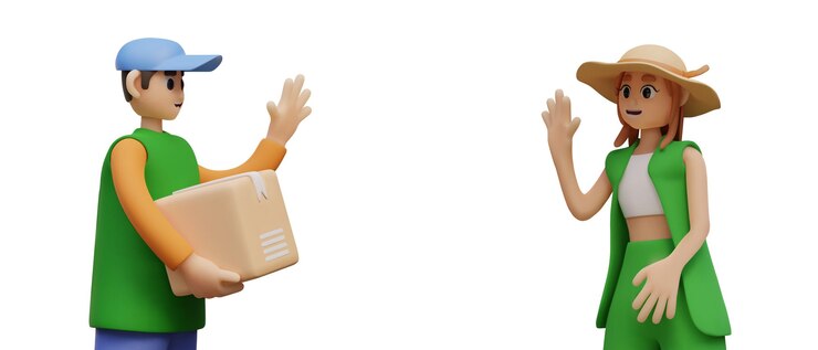 Vector man in uniform holding parcel and talking with female