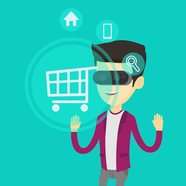 Man in virtual reality headset shopping online.