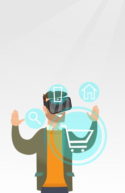 Man in virtual reality headset shopping online