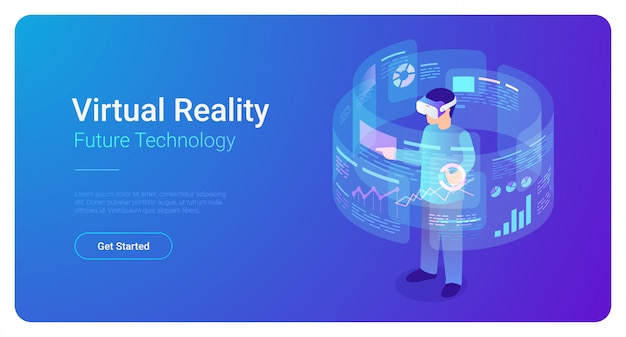 Man in VR helmet in Virtual Reality analyzes data - isometric vector illustration.