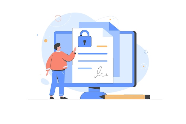 Man is working on a document Signing legal document electronic contract or agreement Terms Vector