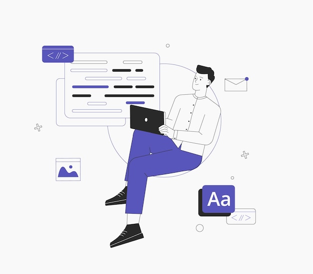 man is working on ui ux design project. programmer, sit on infographic and work on laptop. freelancer working on web and application development on computers. software developers.