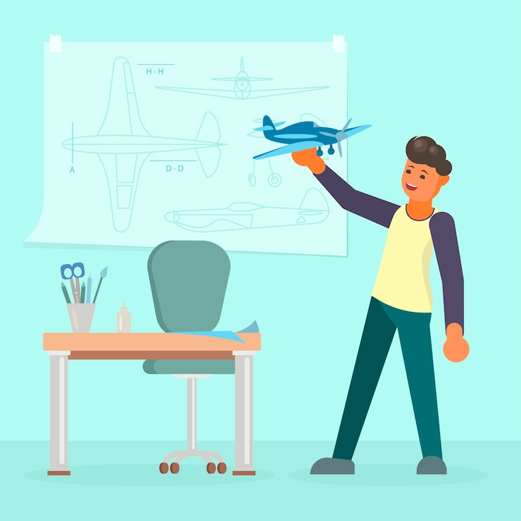 Vector man making model of airplane vector flat illustration