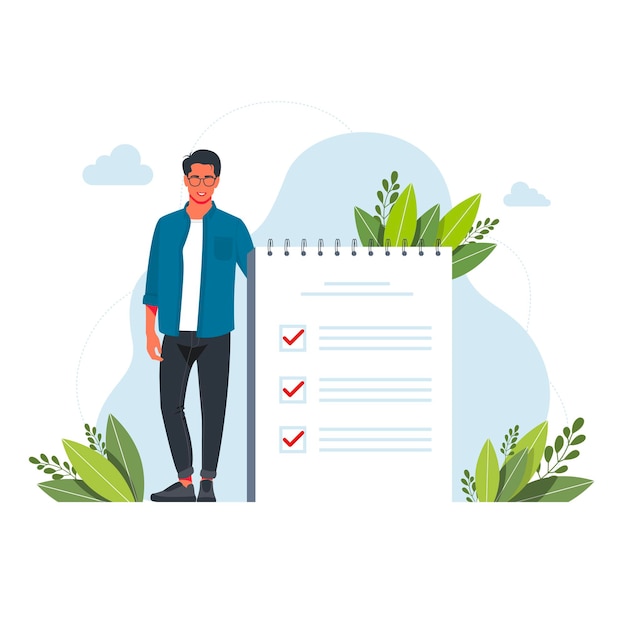 Man, manager prioritizing tasks in to do list. man taking notes, planning his work, underlining important points. Vector illustration for agenda, checklist, management, efficiency concept