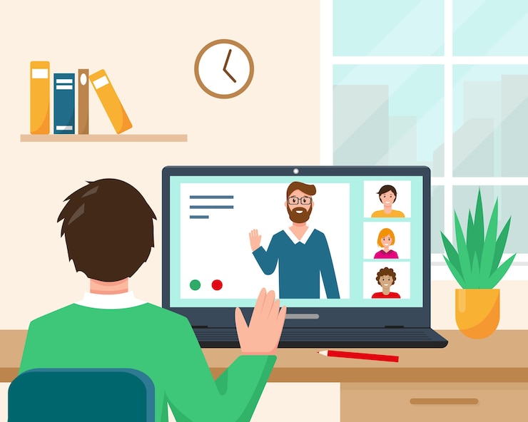 Vector man near the desk and laptop with people on the screen
