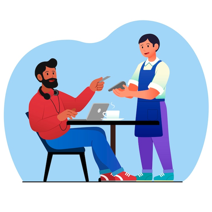 Vector man pays with card in cafe human uses noncash payment waiter holds terminal in his hand modern