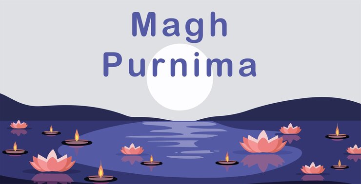 Vector man performing ritual pouring water under full moon on magha purnima