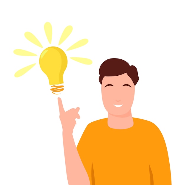 Man points on light bulb over him Happy male entrepreneur has business idea Concept of innovation solution and creativity Vector cartoon illustration