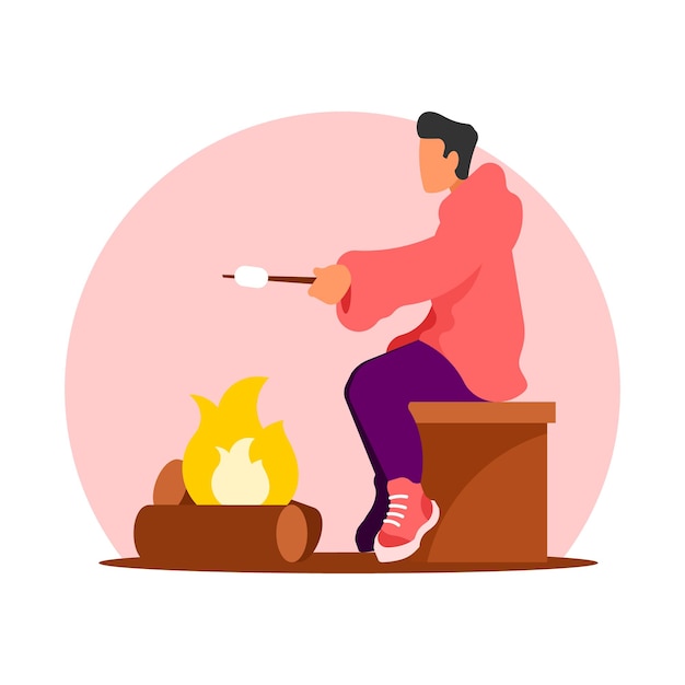 Man roasting marshmallows on the fire Flat vector illustration