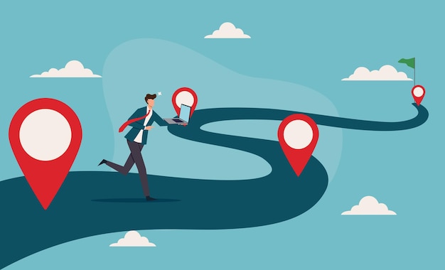 man running towards a goal on a winding road suitable for motivational content success concepts