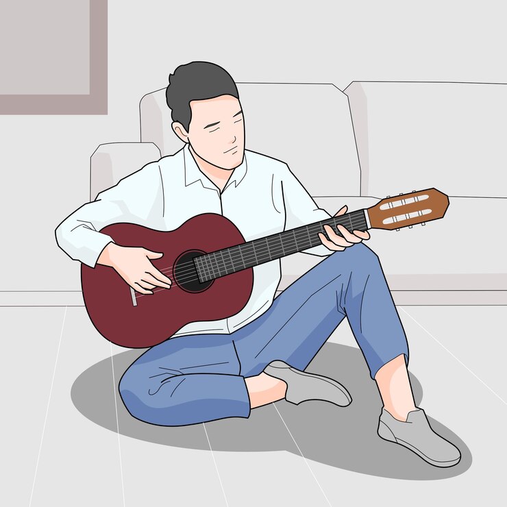 Vector man sitting solo playing guitar melody