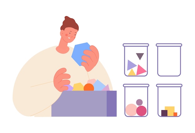 man sorting geometric shapes time management and tasks distribution process guy hold hexagon and jars with circles triangle and square vector concept