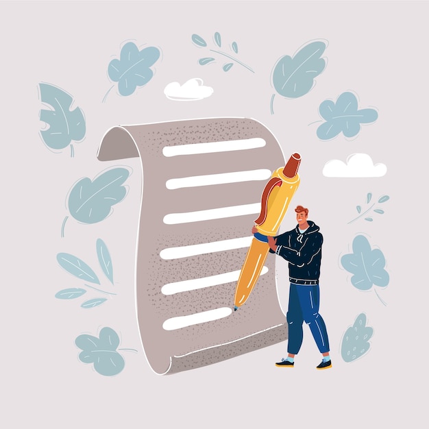 man standing with pen in his hands front of big paper business concept paper work