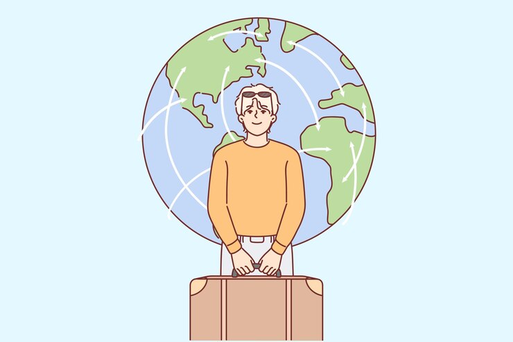 Vector man tourist holds travel suitcase and prepares for departure standing near planet earth