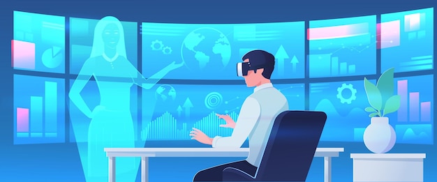Man using virtual reality with futuristic holographic interface vector illustration