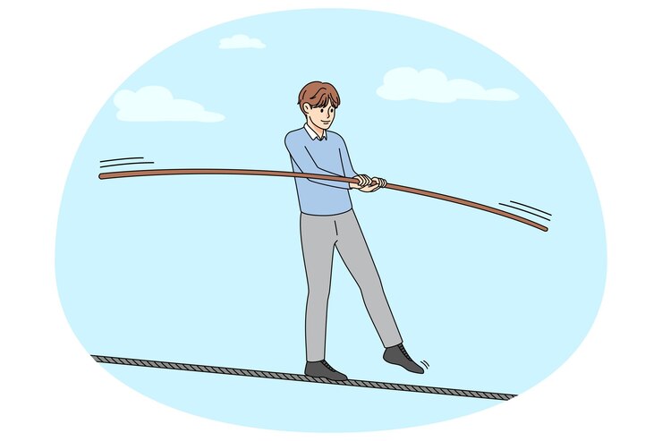 Vector man walking on thin rope balancing