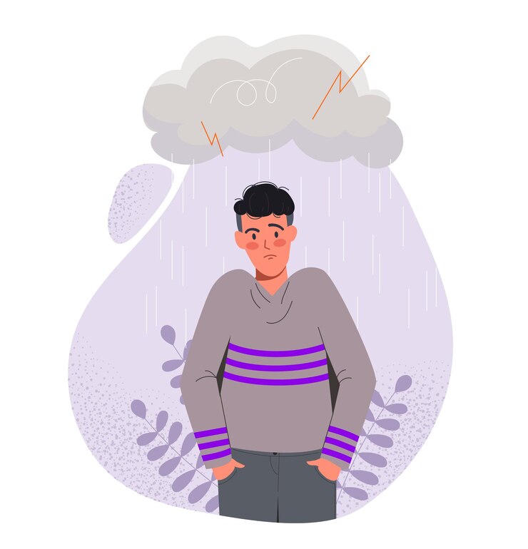 Vector man with anxiety young guy stands under cloud of rain negative feelings and emotions frustration and