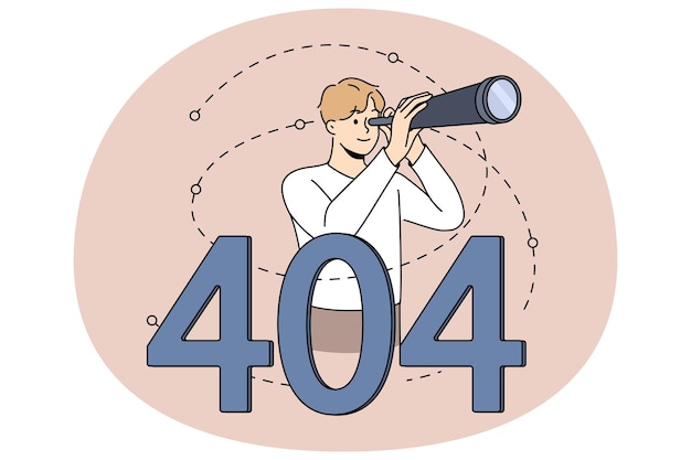 Man with binocular tube on Page Not Found Background Male looking for information on internet see error page Vector illustration