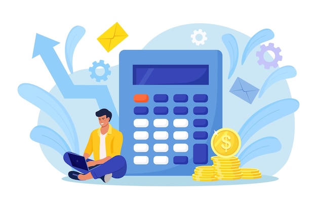 man with calculator for math operations. person collecting and saving money, counting budget, capital or deposit income. savings account calculations. finance and economy