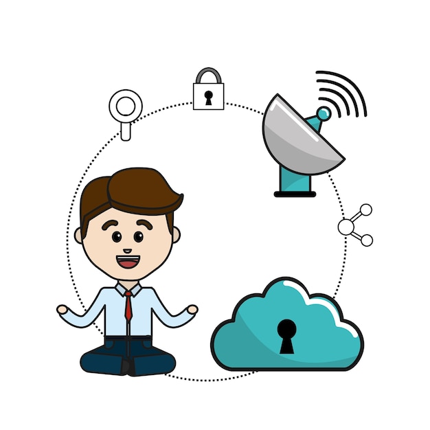 man with cloud data wifi and technology icons