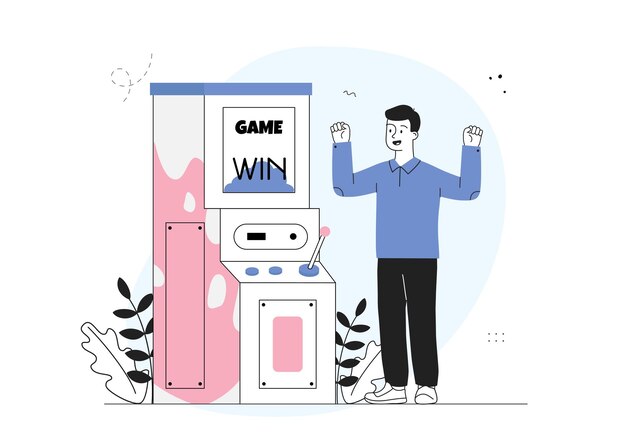 man with game machine young guy winning in slot machine gambling and entertainment leisure person with arcade and video games linear vector illustration