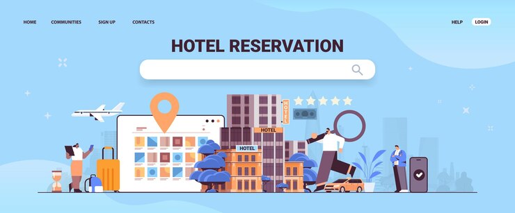 Vector man with magnifying glass travel book tickets and hotel room apartment reservation service transfer transportation traveling 