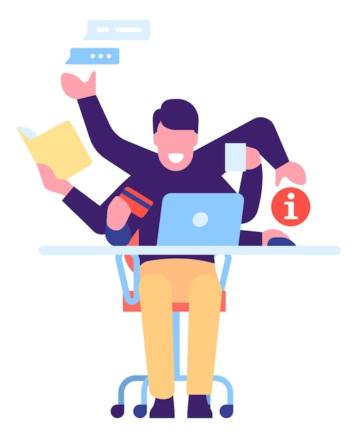 Man with many arms working at computer Effective time management