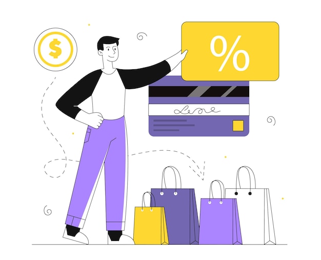 Man with overspending line concept young guy with bank card online shopping and electronic commerce