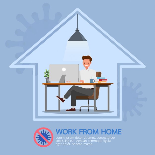 man working from home, stop coronavirus, social distancing concept character   design