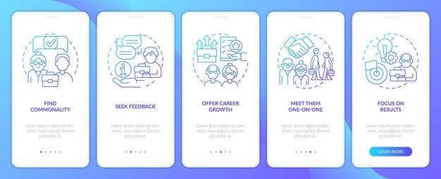 managers and employees age gap blue gradient onboarding mobile app screen