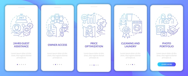 Manajemen hotel layar aplikasi seluler onboarding gradien biru Panduan layanan 5 langkah halaman instruksi grafis dengan konsep linear Templat UI UX GUI Font Myriad ProBold Regular digunakan