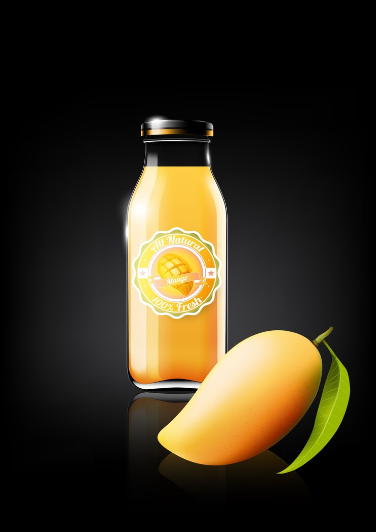 Vector mango juice in a glass bottle 