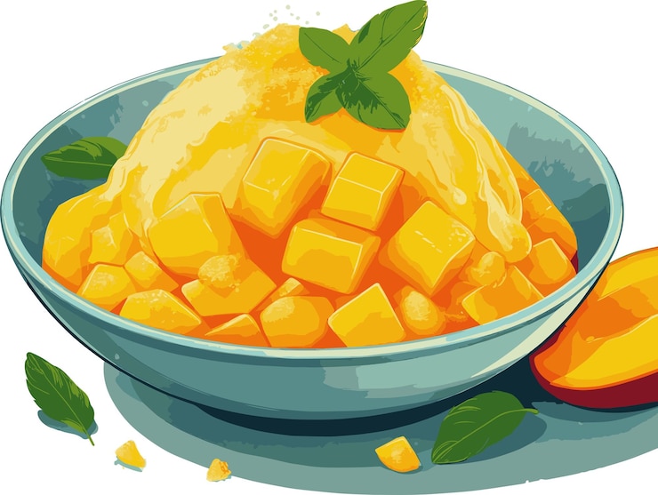 Vector mango shaved ice extravaganza bowl tropical delight creamy caramel condensed milk sorbe savor taiwan
