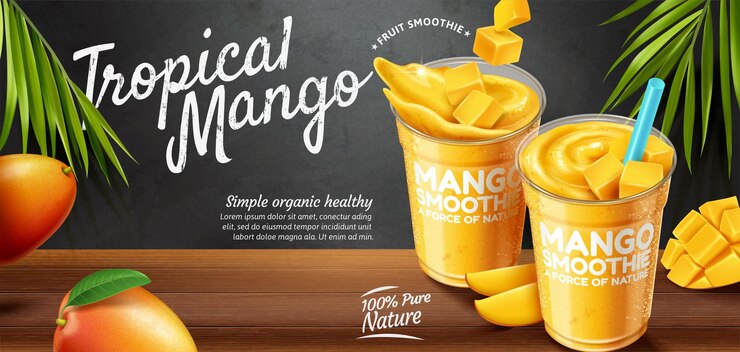 Vector mango smoothie banner ads on blackboard and wooden table background in 3d illustration