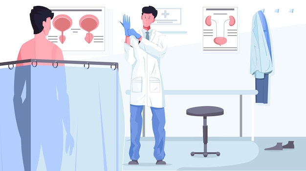 Mans doctor flat composition with male patient visiting andrologist or urologist cabinet 