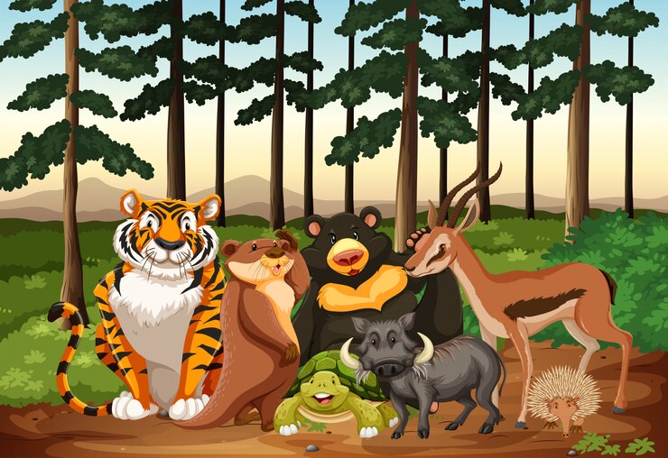Vector many animals living in the jungle