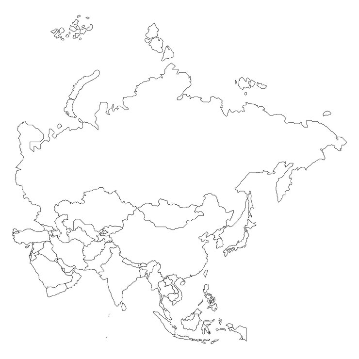 Map of asia with countries in linear view