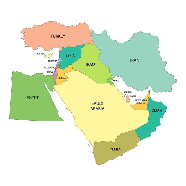 Map of Middle East with borders of countries
