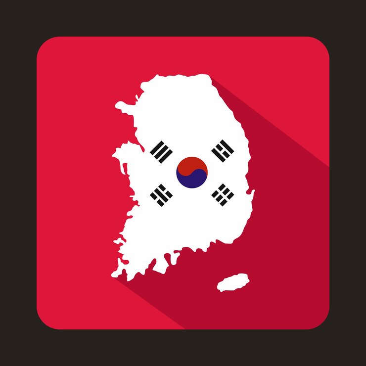 Vector map of south korea with the image of the national flag icon in flat style on a crimson background