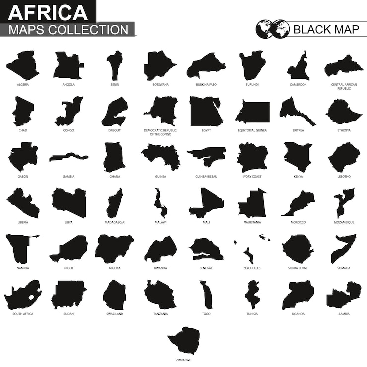 Vector maps collection countries of africa, black contour maps of africa. vector set.