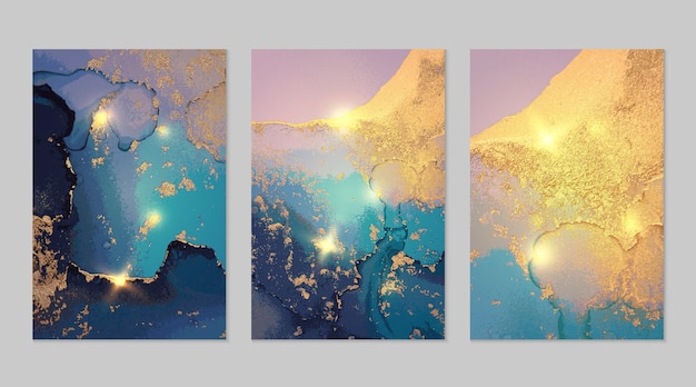 marble set of dark blue and gold abstract backgrounds with glitter in alcohol ink technique