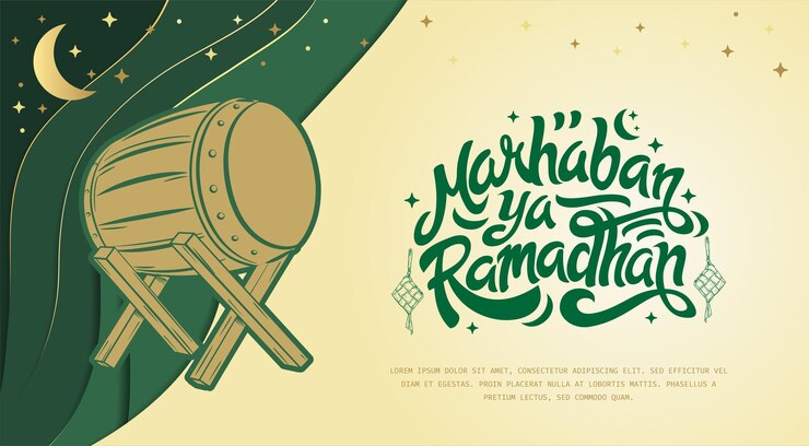 Vector marhaban ya ramadhan greeting with custom typography and illustration islamic greeting background can use for eid mubarak