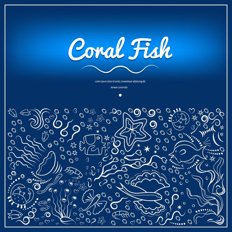 Vector marine sample of deepsea fish algae blue frame for banners advertising of marine products