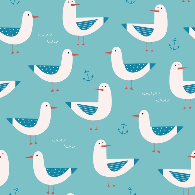 Marine seamless pattern with seagulls anchors and waves Vector illustration for children