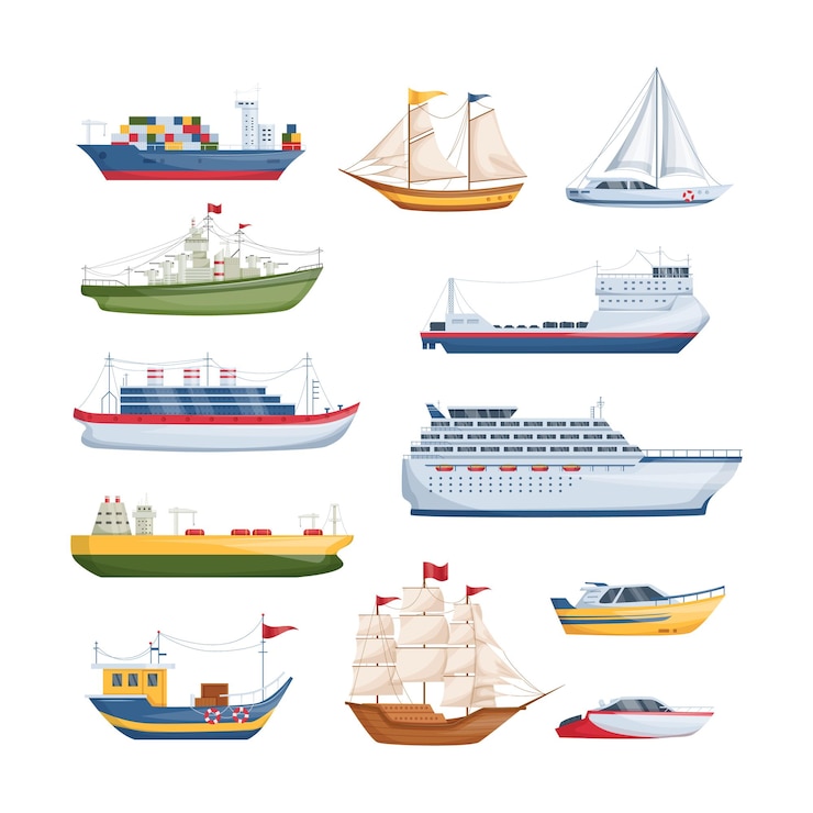 Vector maritime ships at sea shipping boats sailboat yacht sailing steamship vessel frigate