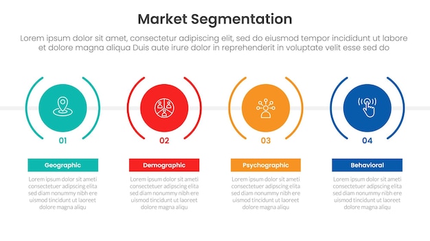 market segmentation framework analysis infographic 4 point stage template with timeline style with big creative circle for slide presentation