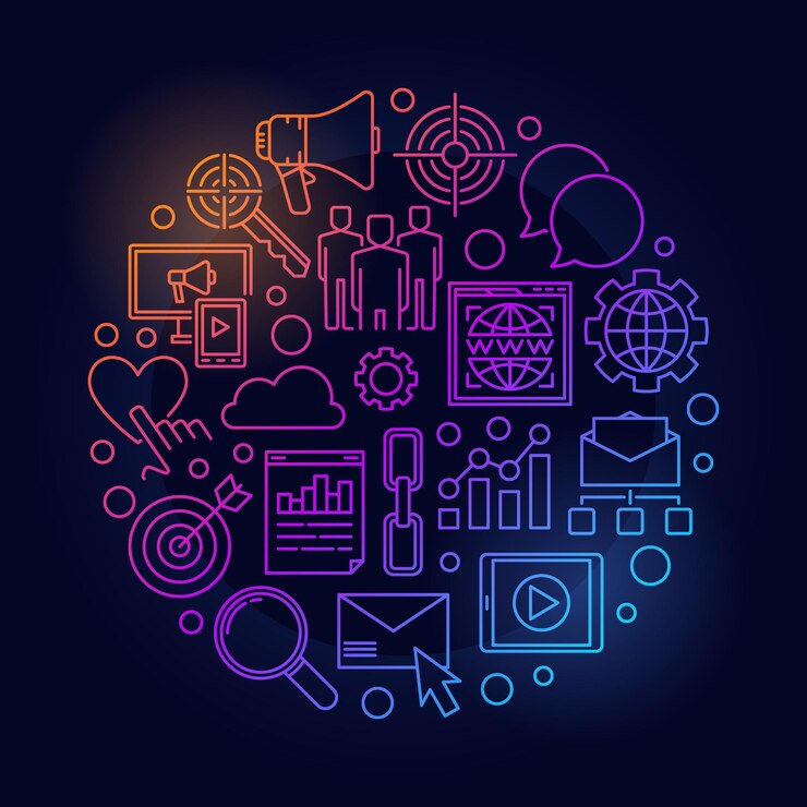 Marketing vector round concept colored outline illustration