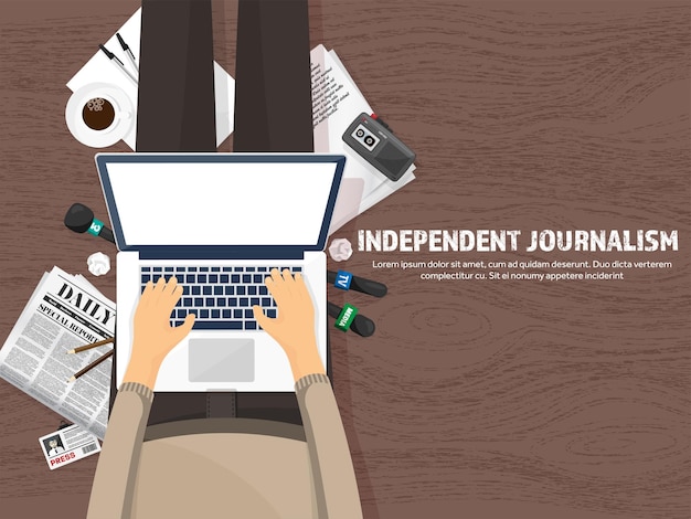 Mass media background with microphone in a flat style press conference with correspondent and