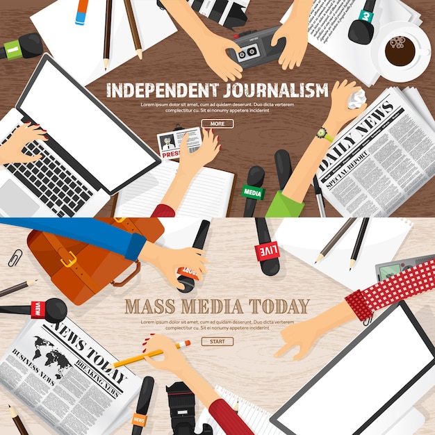 Mass media background with microphone in a flat style press conference with correspondent and