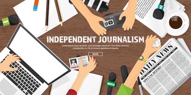 Mass media background with microphone in a flat style press conference with correspondent and